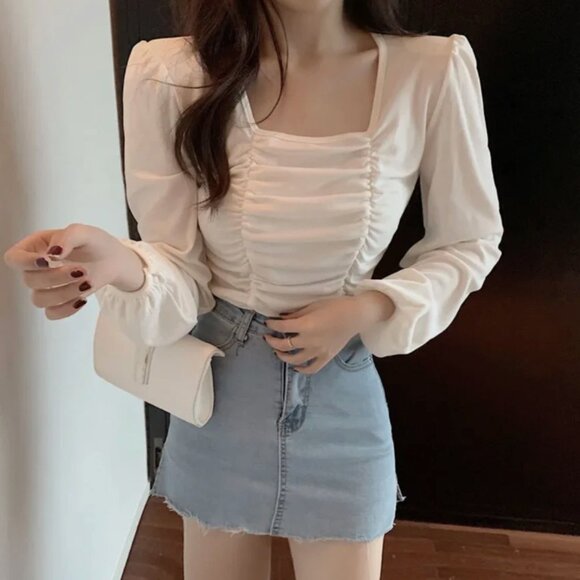 Urban Outfitters Puff Sleeve Chiffon Top S | French Square Neck | Off Shoulder - Picture 3 of 6